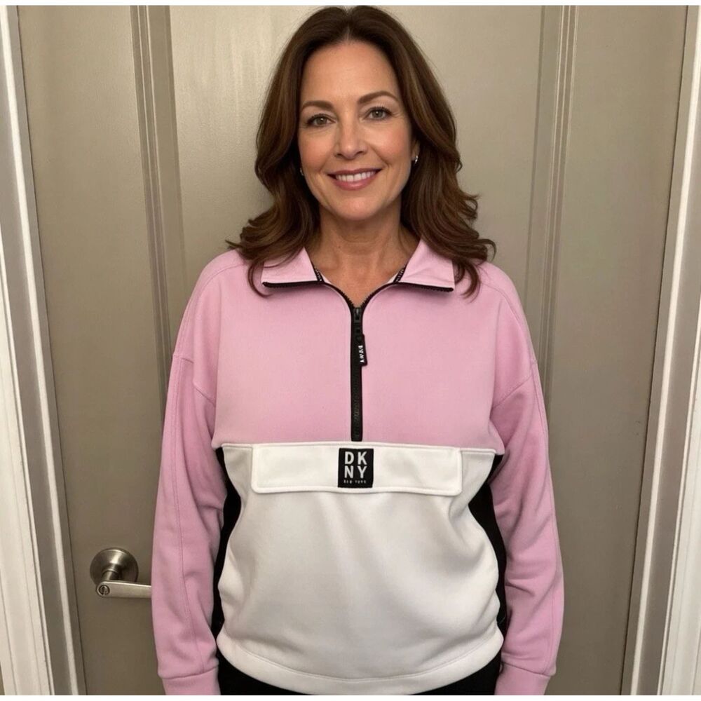 DKNY Womens Pink White Colorblock 1/2 Zip Mock Neck Pullover Sweatshirt Size XL